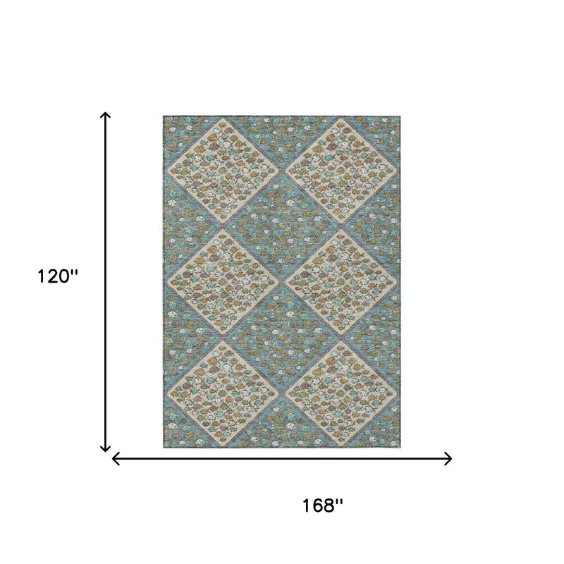 Teal blue and beige area rug shown centered with size label 168 in by 120 in