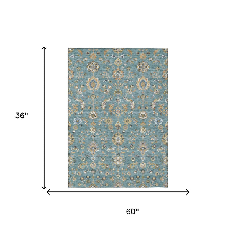 Teal blue area rug with taupe and cream abstract floral damask design, rectangular