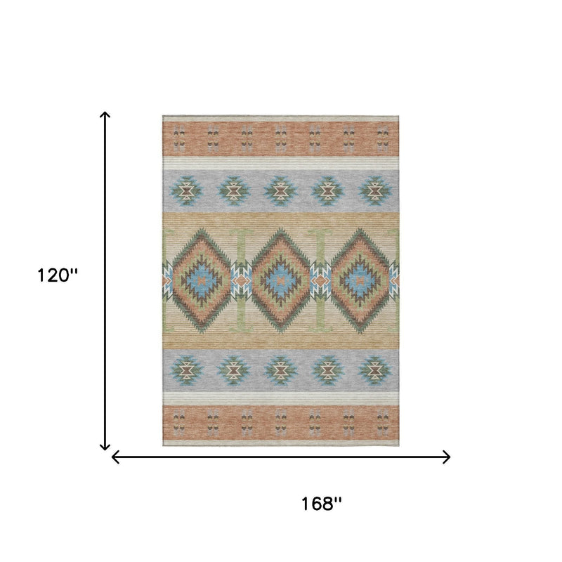 Southwestern area rug shown with size measurements of 168 in by 120 in