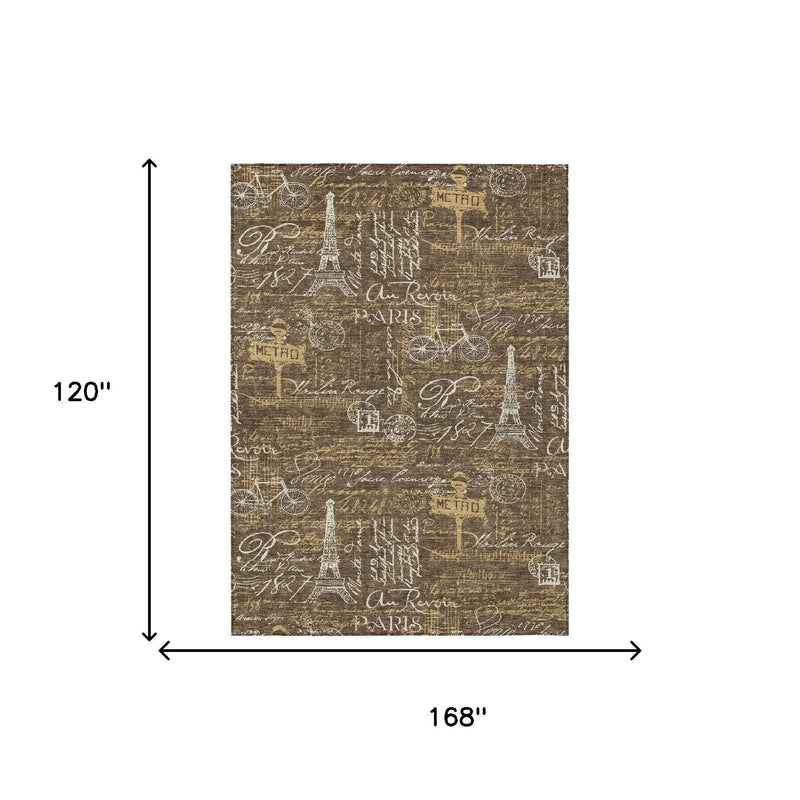 Southwestern area rug, 10 x 14 ft, dark brown with white Paris Eiffel Tower pattern