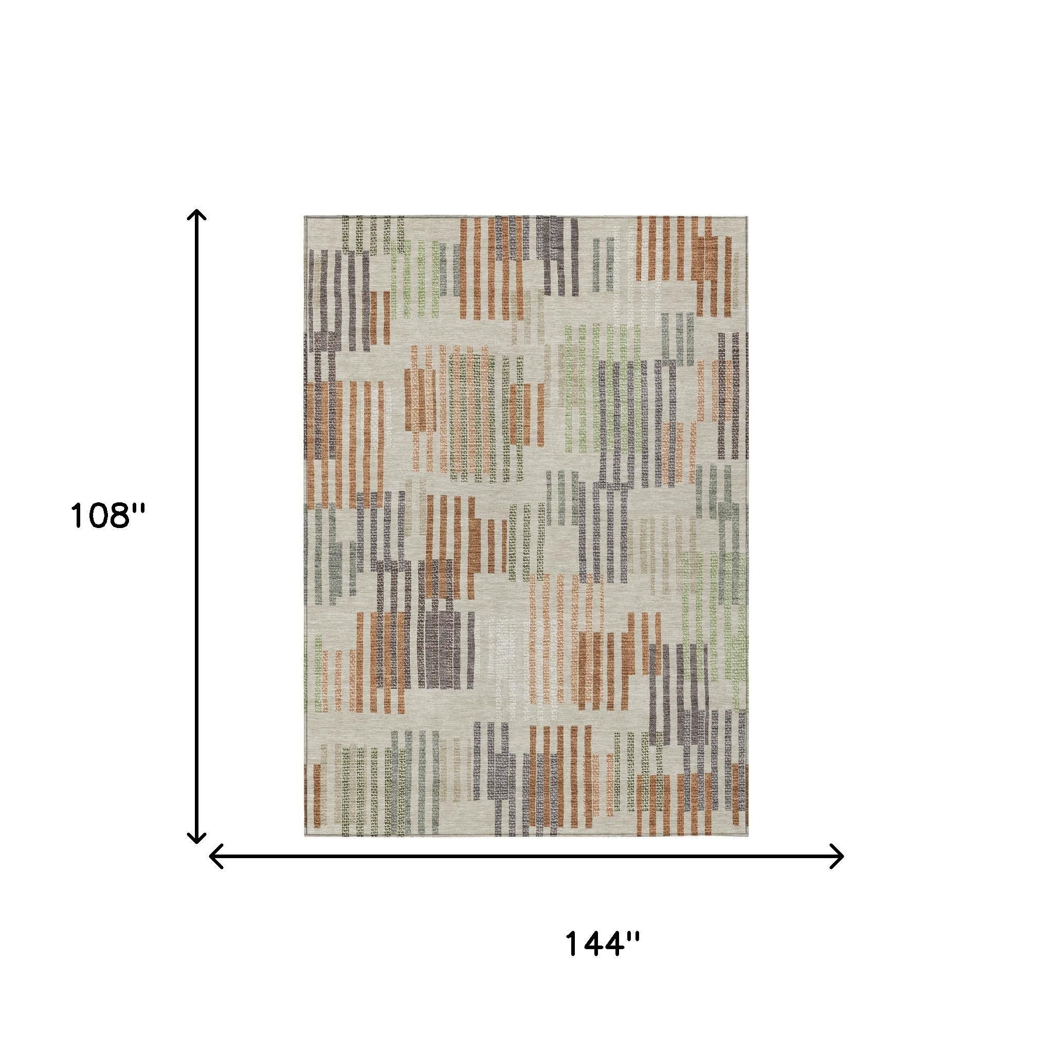 Multicolor geometric area rug, 108" x 144", featuring earthy tones on a light beige background.