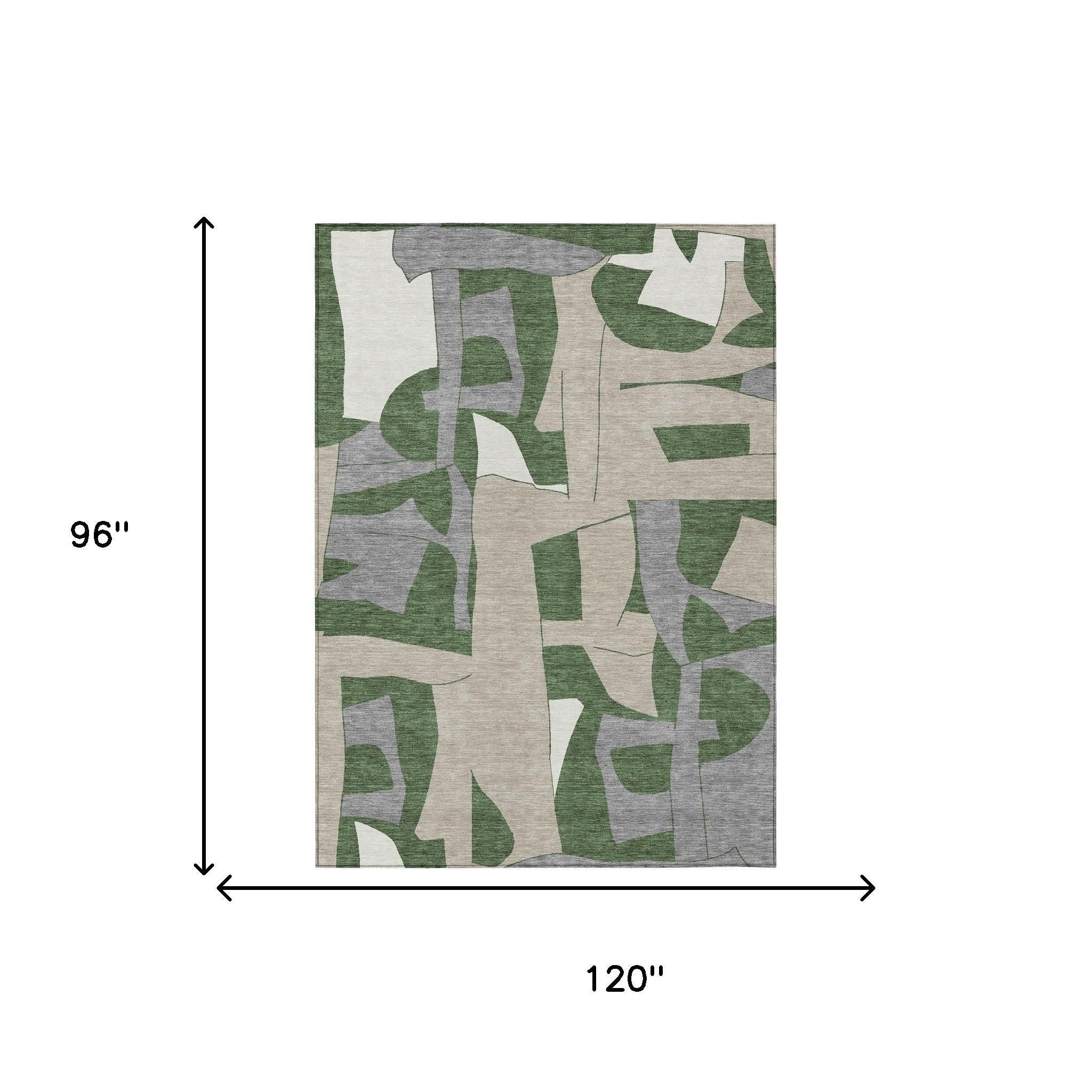 Abstract green and gray patterned area rug, 120” x 96”, made from durable, soft woven fabric.