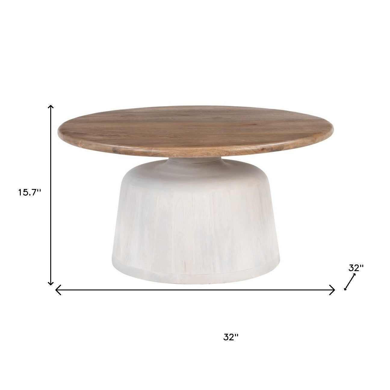 Round pedestal coffee table with brown solid wood top and white cylindrical base