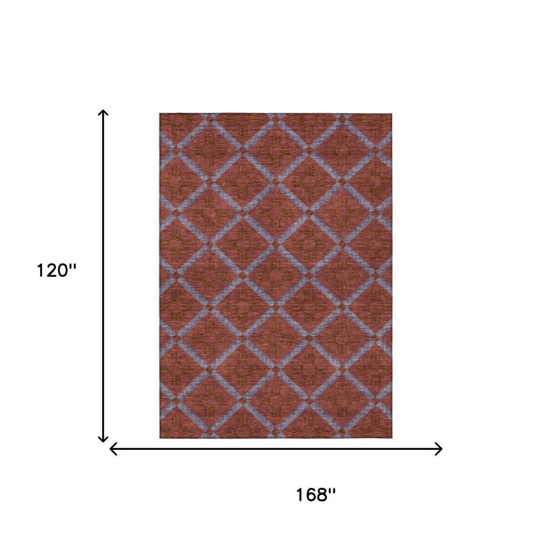 Geometric area rug with maroon diamond lattice and light gray crisscross lines