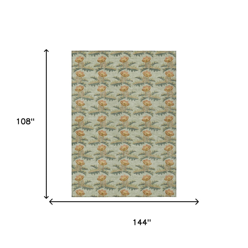 Rectangle area rug size diagram: 108 x 144 in, sage green tulip floral pattern