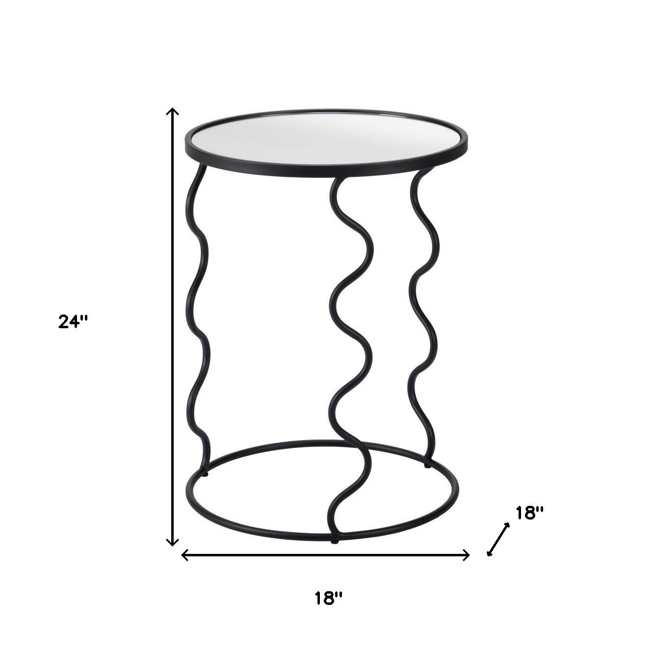 24" Black Mirrored Glass and Steel Round Abstract End Table - Living Room