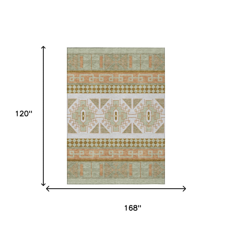 Green and teal tribal geometric indoor outdoor area rug, rectangular size 10x14 ft shown