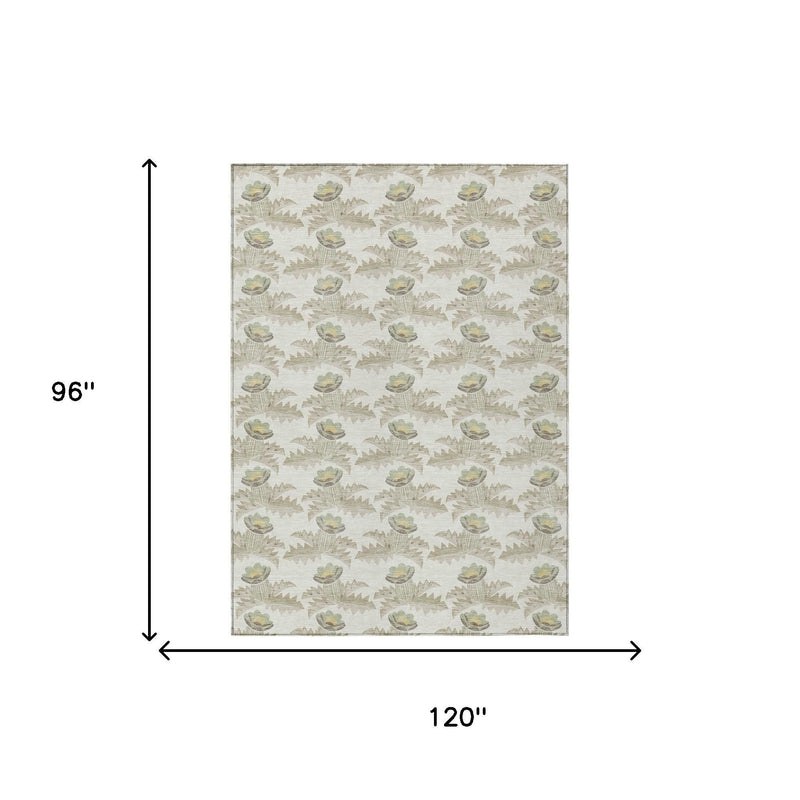 Ivory area rug size 8x10 ft with repeating floral and zigzag pattern