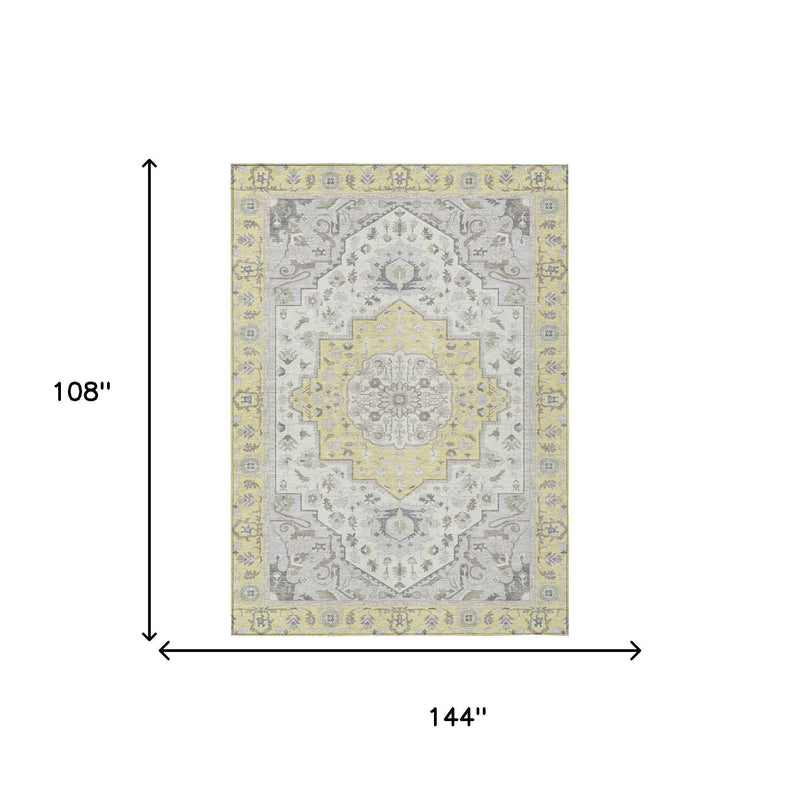 Oriental area rug 9 ft x 12 ft, gray and yellow medallion design with border