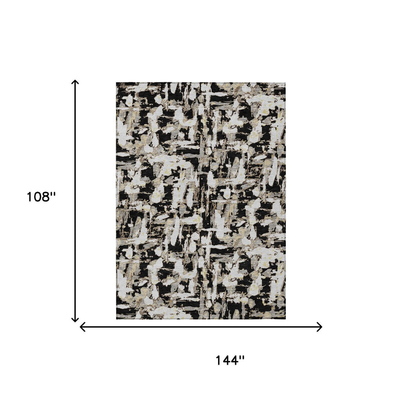 Rectangular abstract area rug, 9x12 ft, black and copper on cream background.