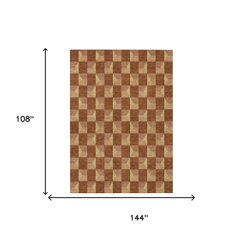 Geometric area rug shown with size 108 x 144 inches; brown and tan block pattern