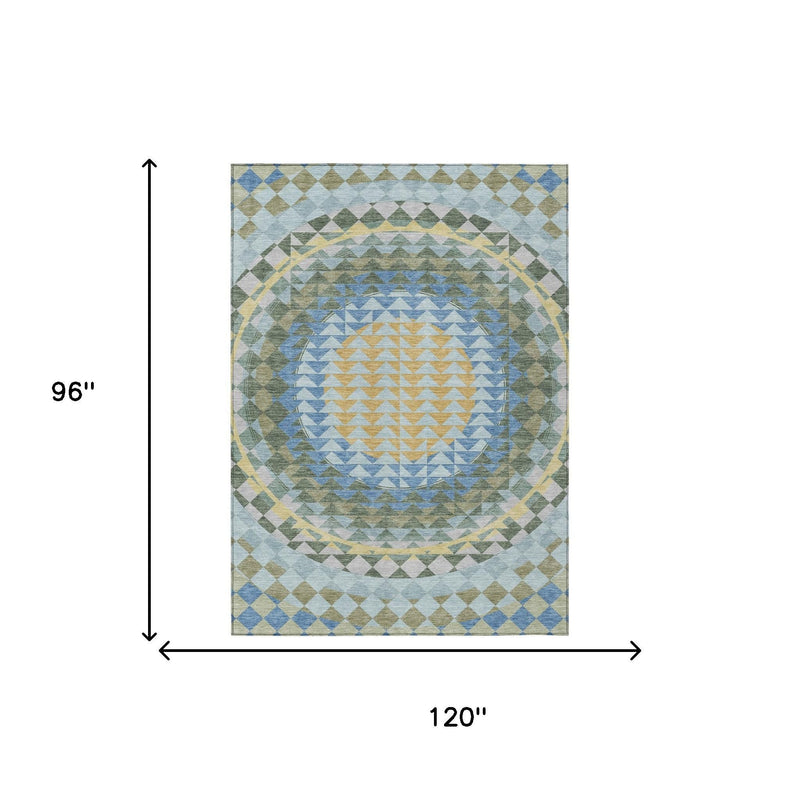 Geometric area rug layout view showing circular chevron pattern, blue and gold tones