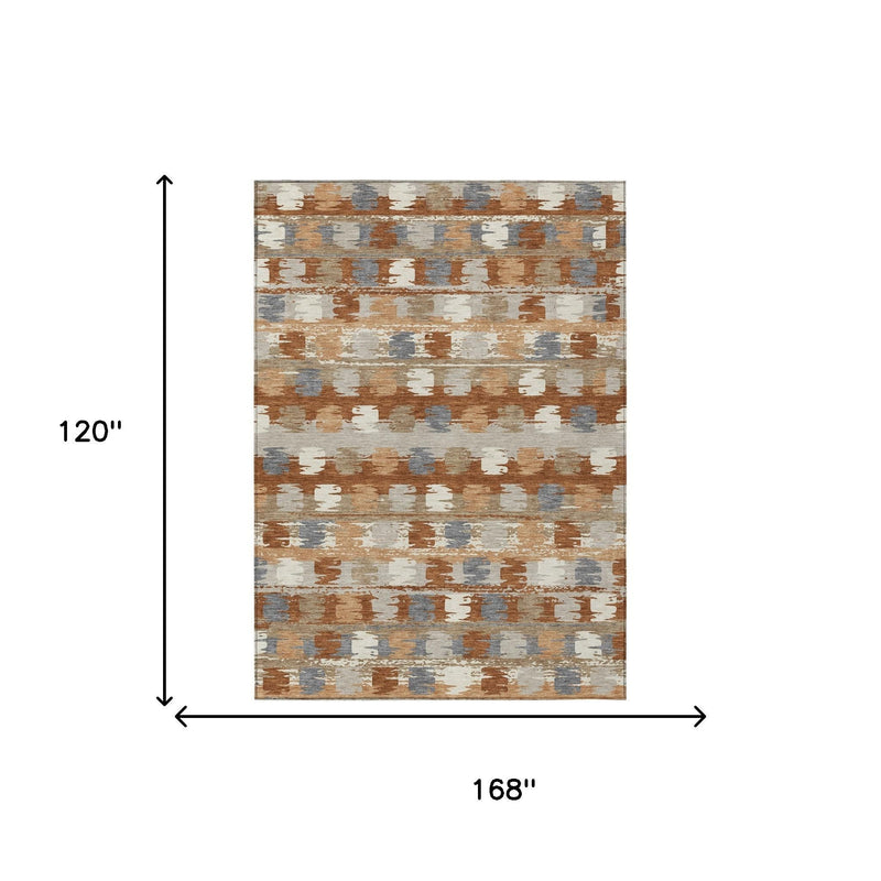 Abstract area rug with orange, beige, and gray distressed pattern, shown with size guide.