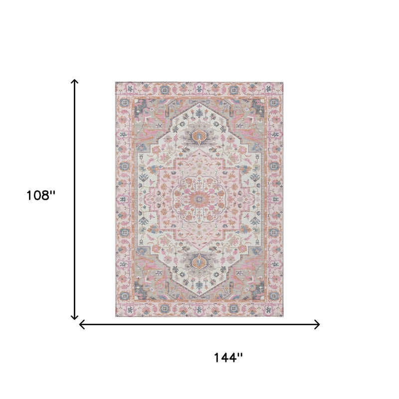 Pink and gray oriental rug layout with size dimensions shown