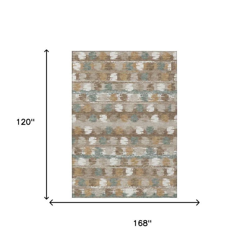 Rectangular area rug with abstract distressed brown and aqua design, size diagram