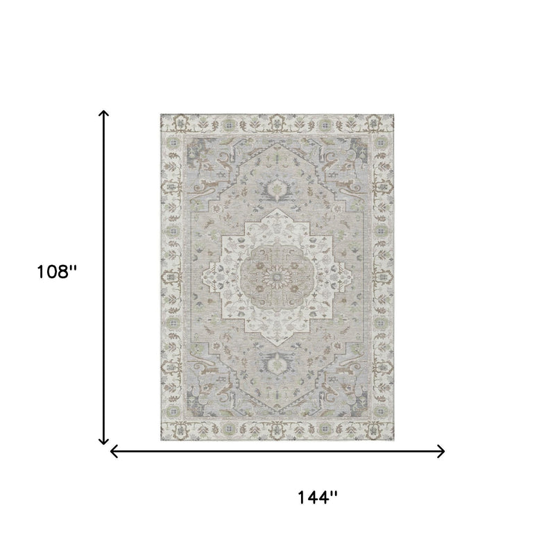 Ivory oriental rug size diagram, 144 in x 108 in, medallion pattern in green and blue