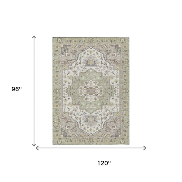 Rectangular oriental area rug with central medallion in green, orange, and cream tones.