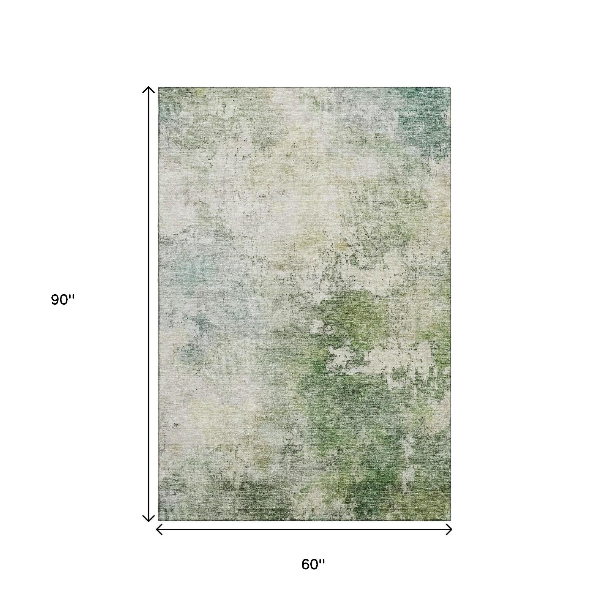 5' X 8' Artichoke Green And Beige Abstract Washable Area Rug With UV Protection - Home & Garden