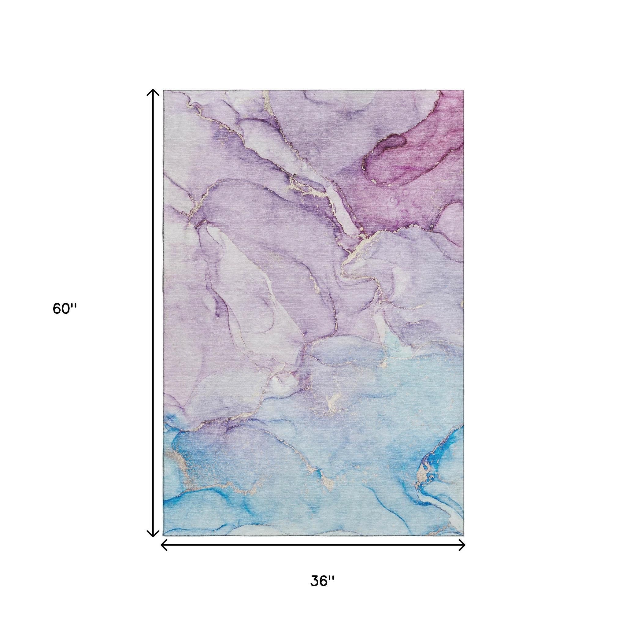 3' X 5' Purple Blue And Ivory Abstract Washable Area Rug With UV Protection - Home & Garden