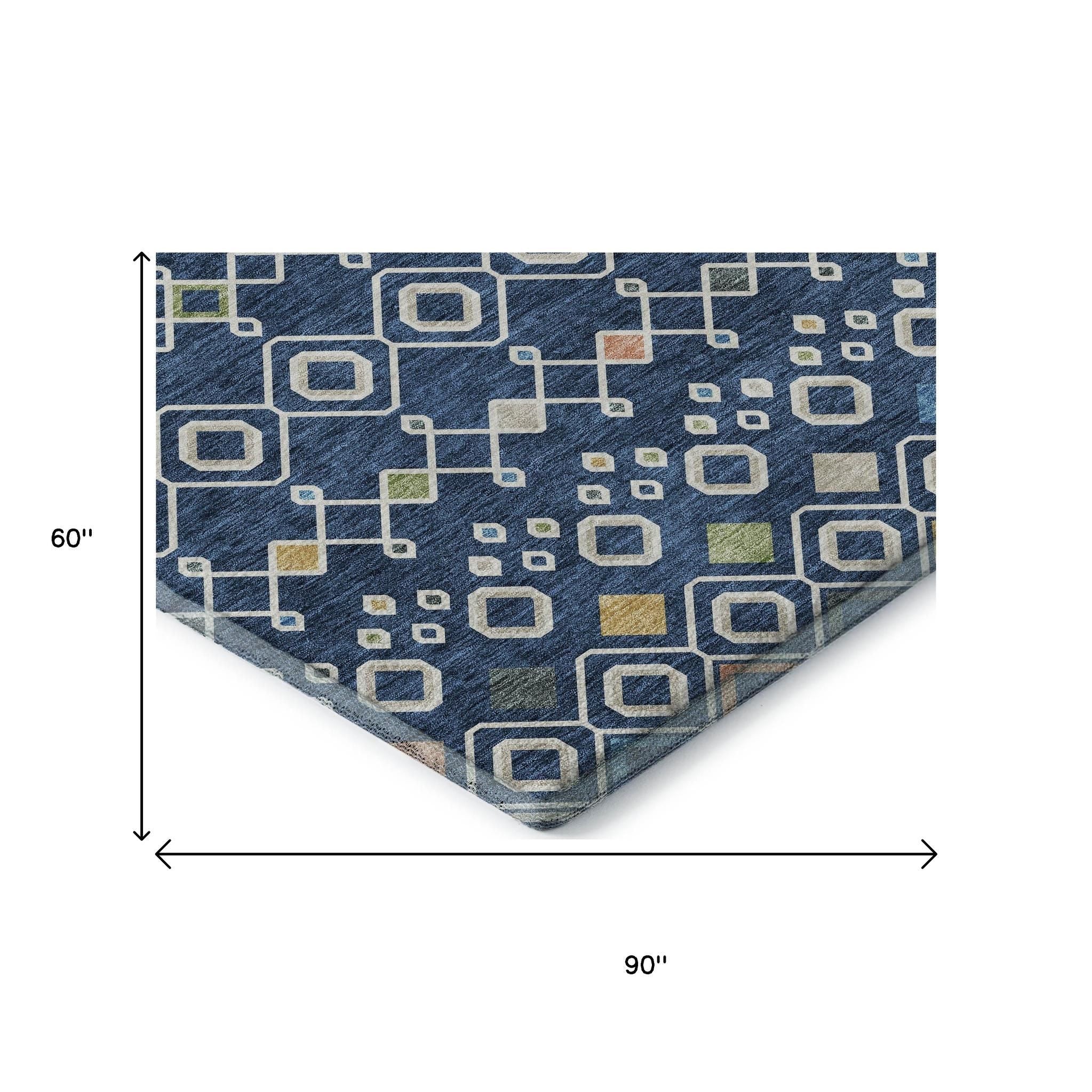 5' X 8' Navy Blue Peach And Gold Southwestern Washable Area Rug With UV Protection - Home & Garden