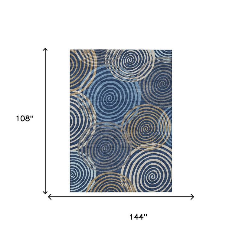 Rectangular area rug size diagram: 108 x 144 inches, blue and beige circles