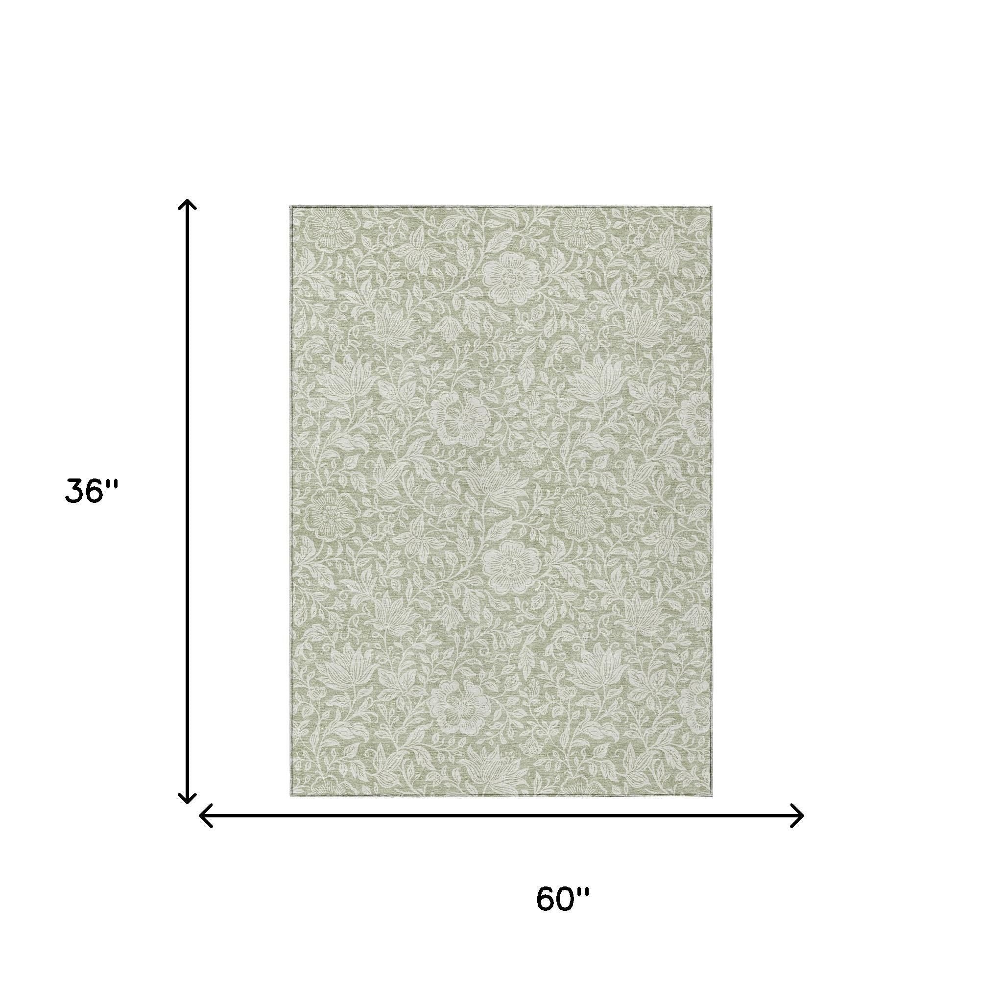 Floral area rug in green and ivory, 60 in by 36 in size diagram