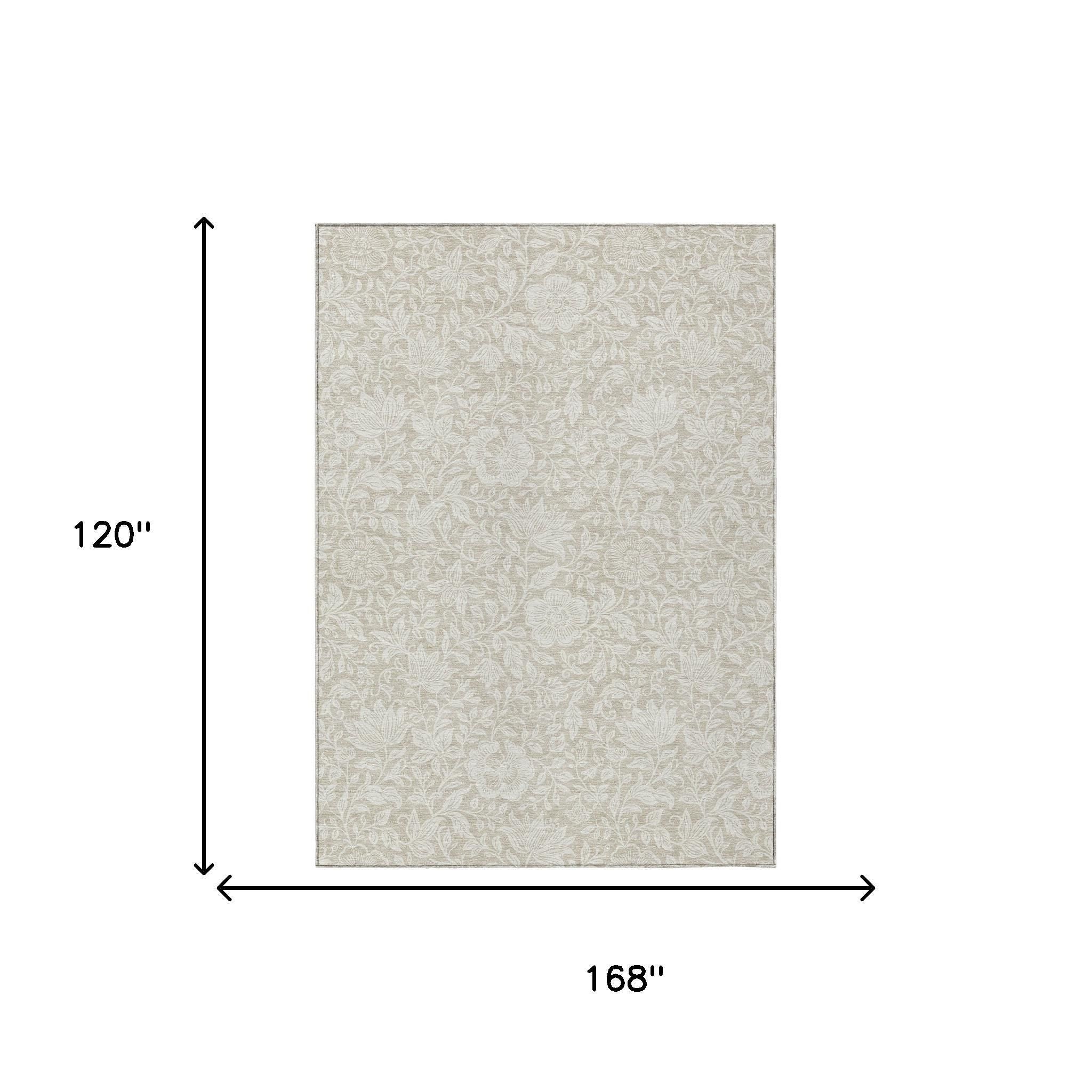 10 ft x 14 ft beige and ivory floral washable indoor/outdoor area rug