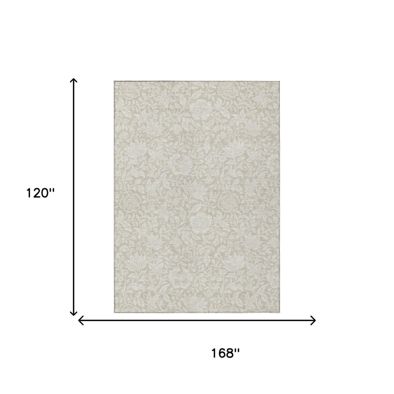 10 ft x 14 ft beige and ivory floral washable indoor/outdoor area rug