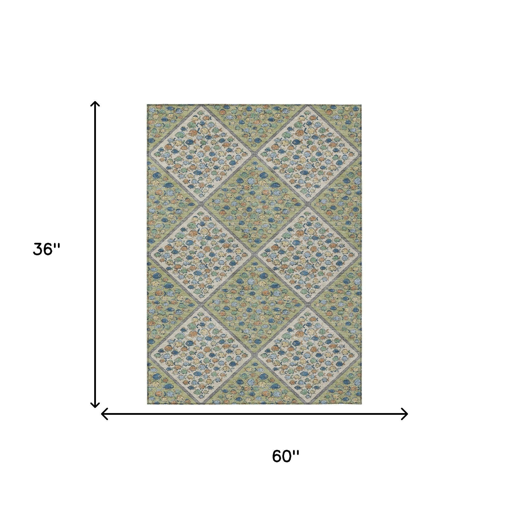 3' X 5' Green And Beige Abstract Washable Indoor Outdoor Area Rug - Sports & Outdoor
