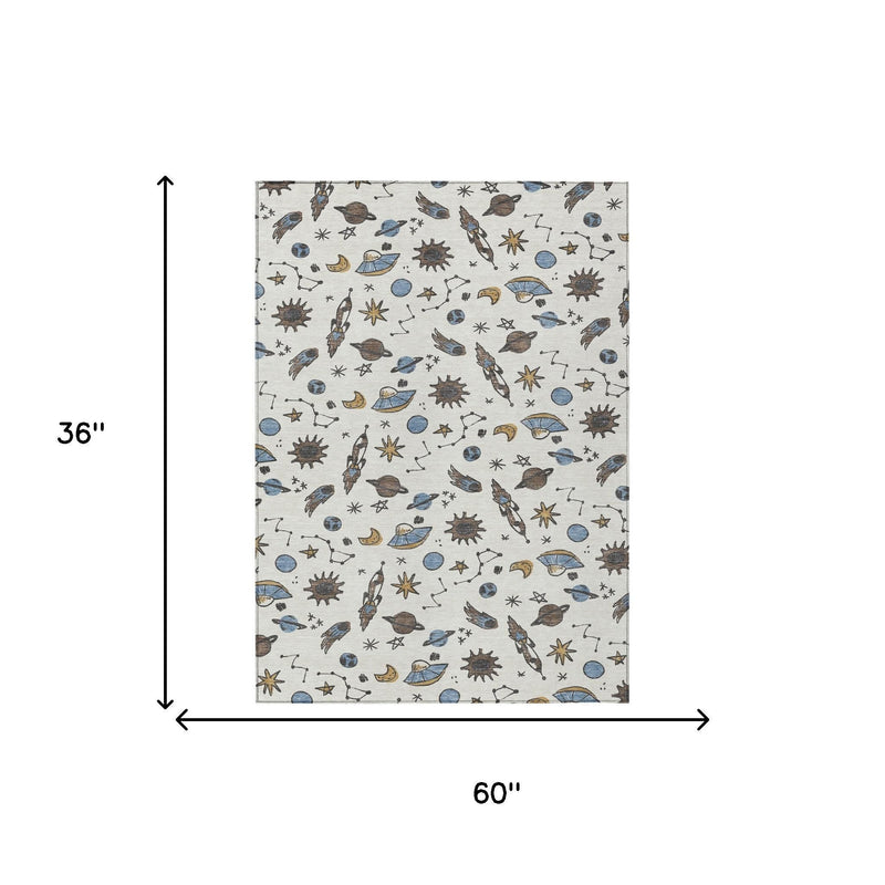 Ivory and gold animal-print rug, size 60 in by 36 in (diagram)