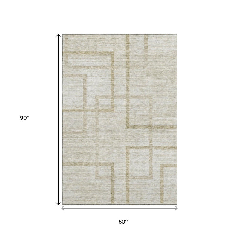 5' X 8' Beige And Taupe Geometric Washable Area Rug With UV Protection - Home & Garden