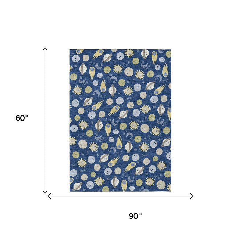 Navy blue area rug with celestial pattern; 60 in x 90 in size graphic.