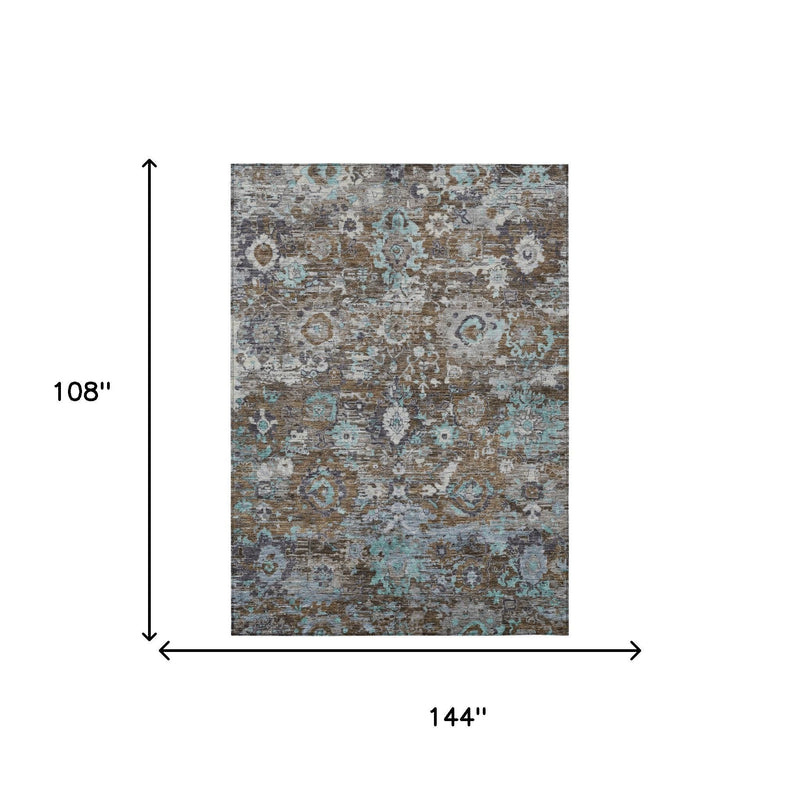 9 ft x 12 ft floral area rug, distressed gray and teal blue pattern, rectangular