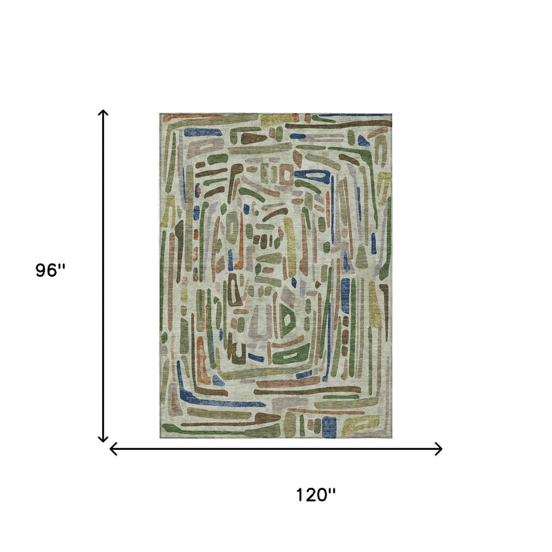 Green abstract area rug shown in size diagram, 120 in wide by 96 in long.
