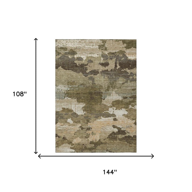 Rectangular abstract area rug with olive and beige distressed pattern, size shown