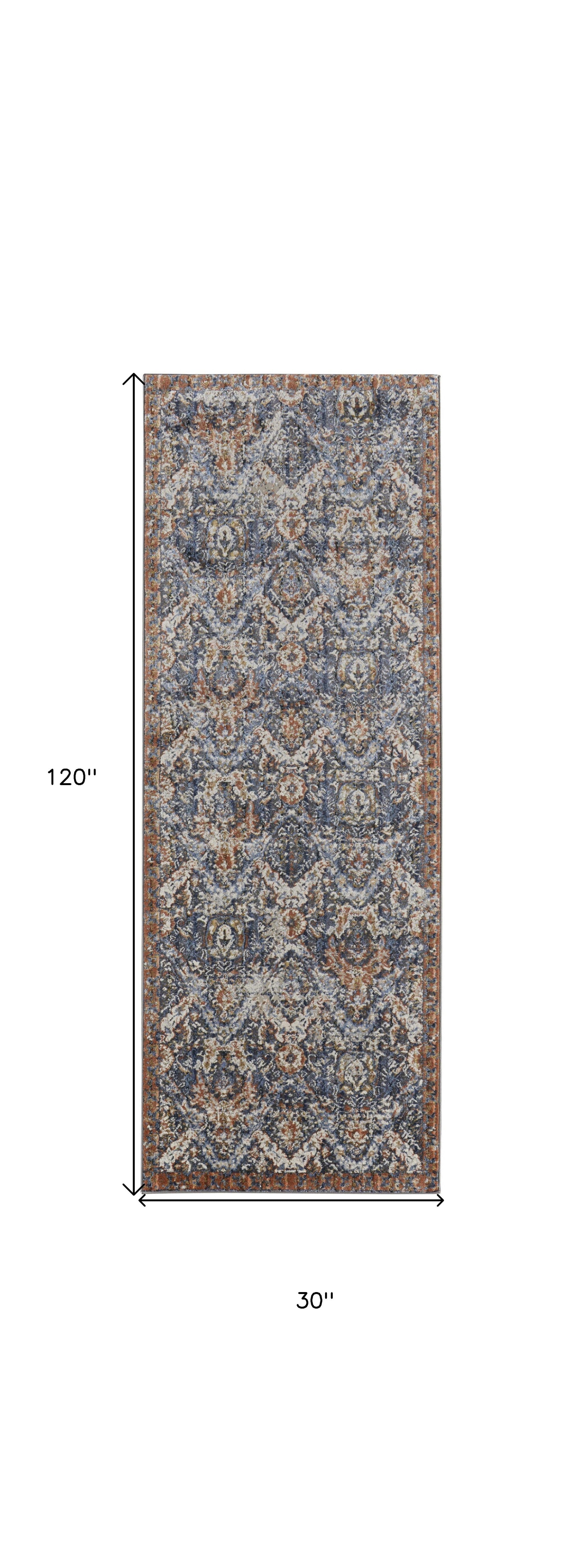 10' Ivory Blue And Burnt Orange Floral Runner Rug With Fringe - Home & Garden