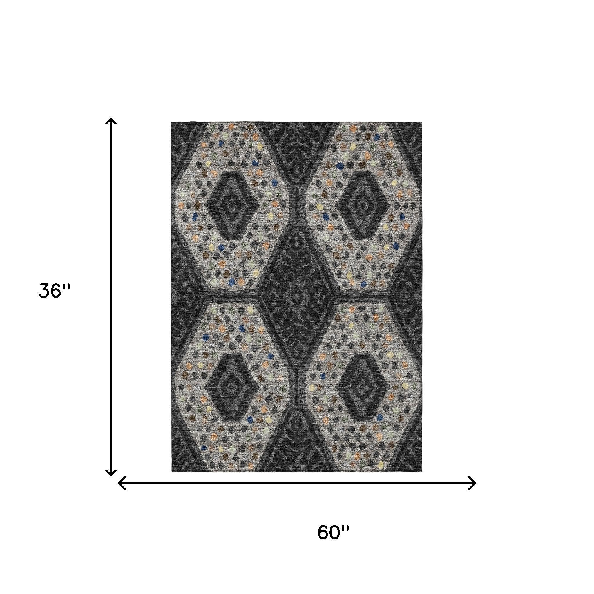 3' X 5' Charcoal And Gray Tribal Washable Indoor Outdoor Area Rug - Sports & Outdoor