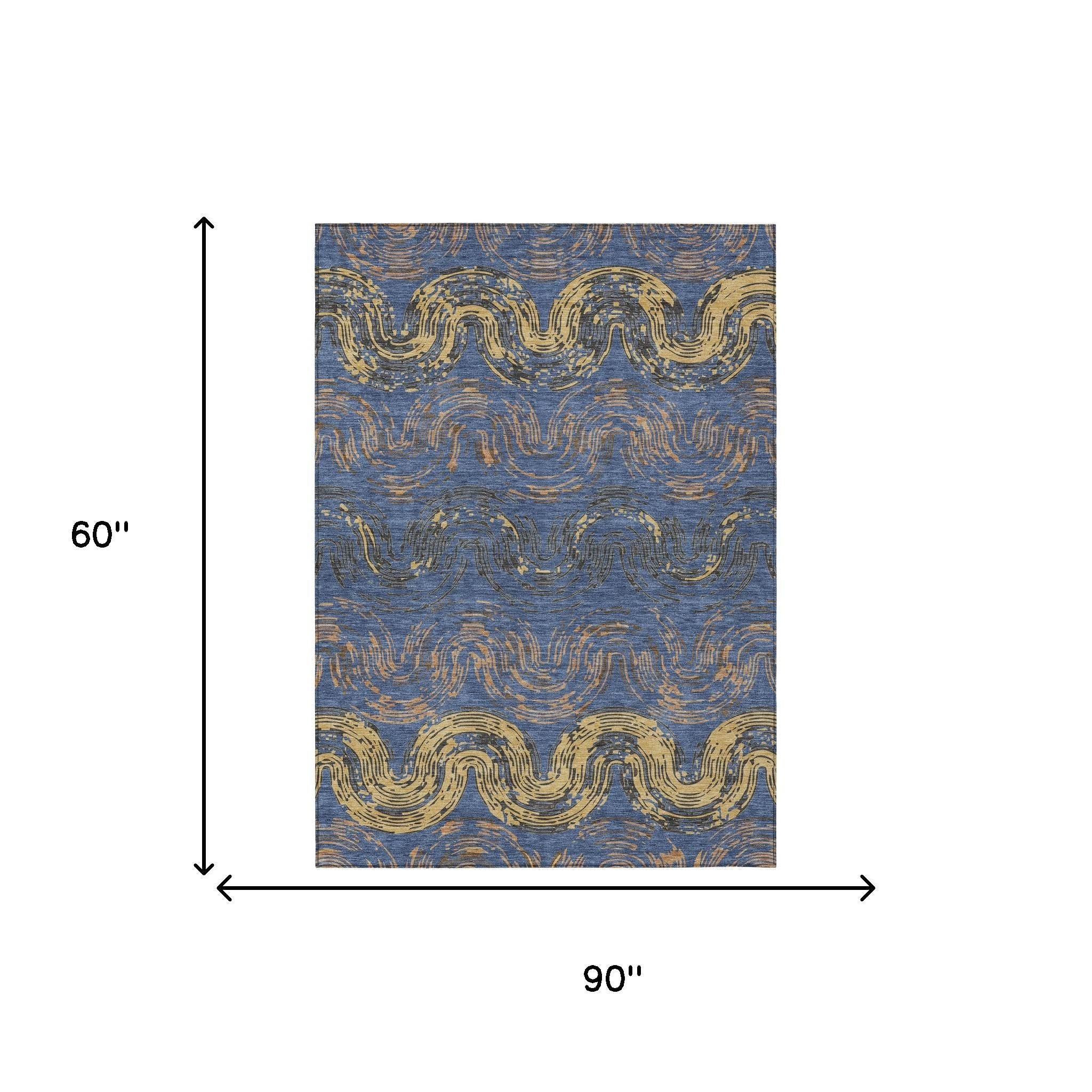 5' X 8' Navy Blue And Gold Abstract Washable Indoor Outdoor Area Rug - Sports & Outdoor