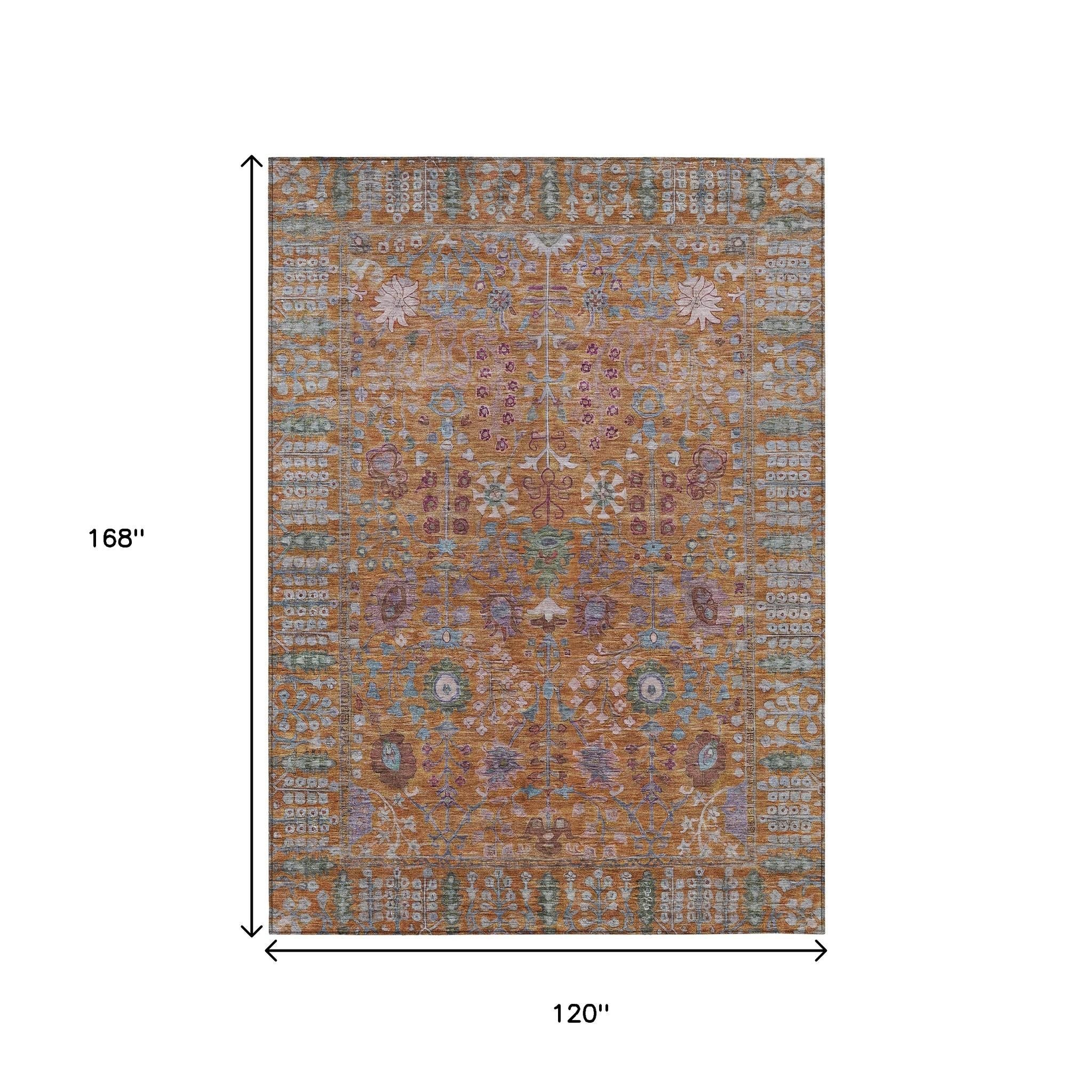 10' X 14' Orange And Green Floral Washable Indoor Outdoor Area Rug - Sports & Outdoor