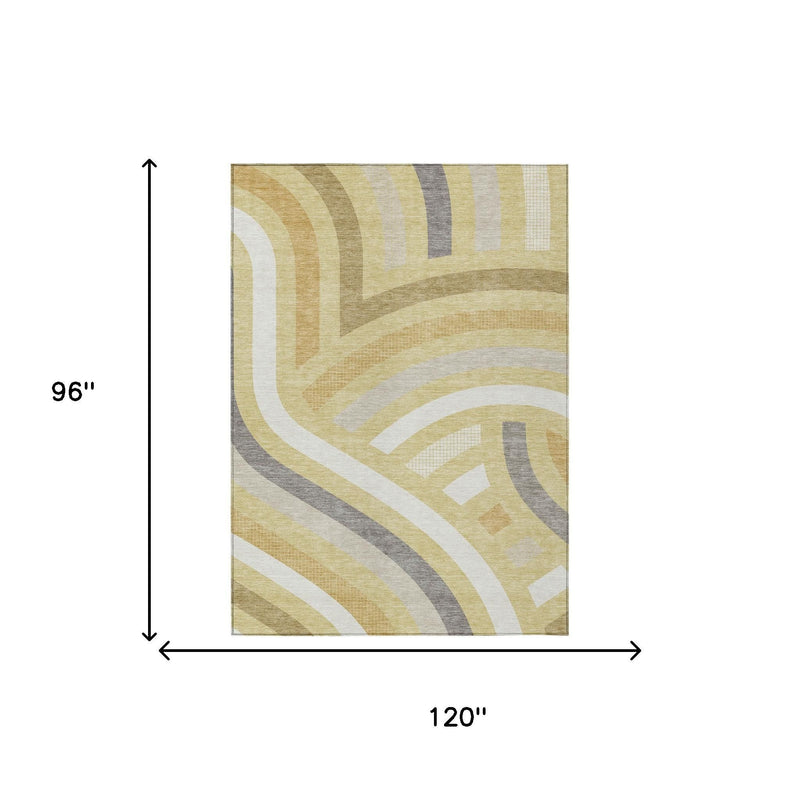 Abstract area rug dimensions: 120 in x 96 in; wheat, gold, off-white, and gray pattern