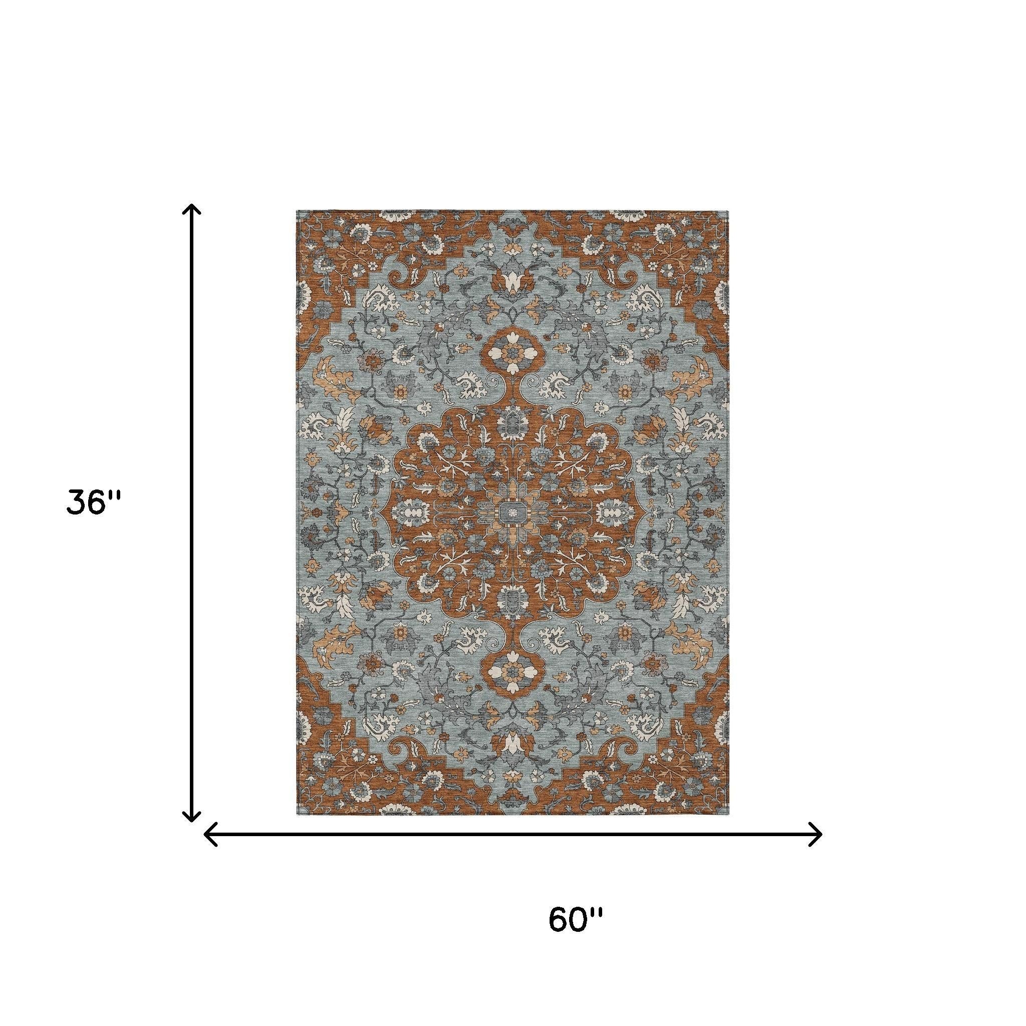 3' X 5' Orange And Gray Floral Medallion Washable Indoor Outdoor Area Rug - Sports & Outdoor