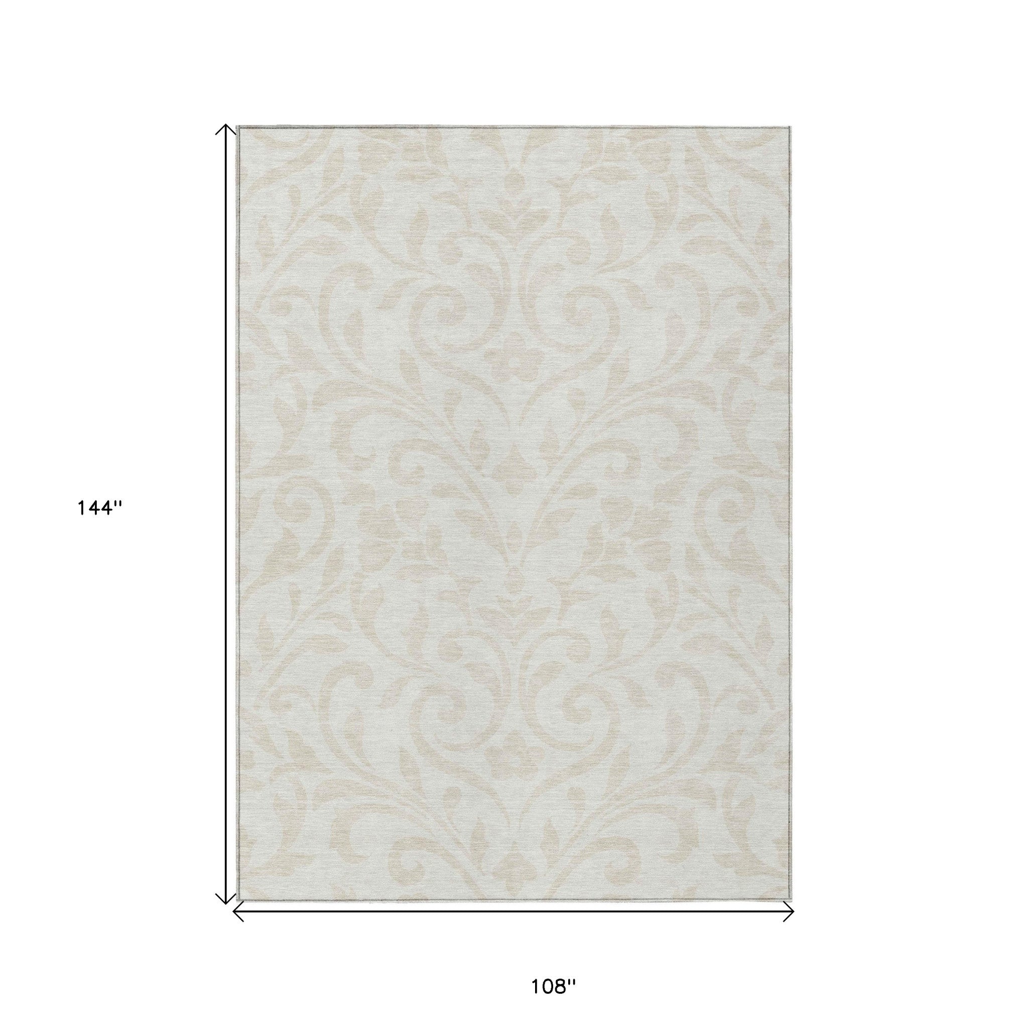 9' X 12' Ivory And Beige Floral Washable Indoor Outdoor Area Rug - Outdoor