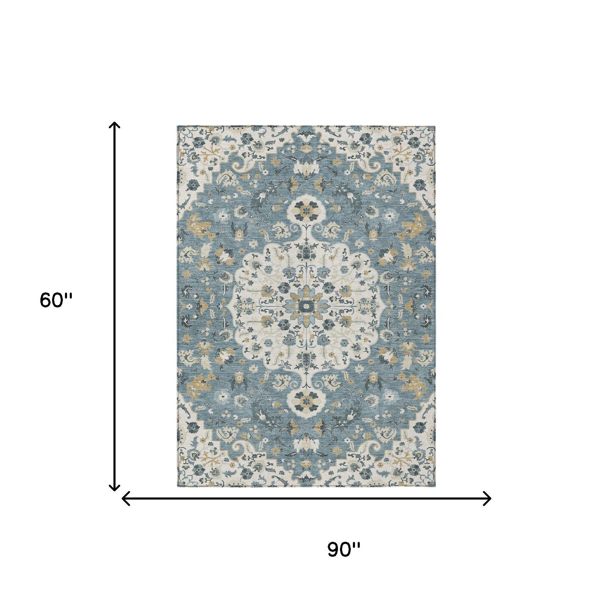 5' X 8' Ivory And Denim Blue Floral Medallion Washable Indoor Outdoor Area Rug - Sports & Outdoor