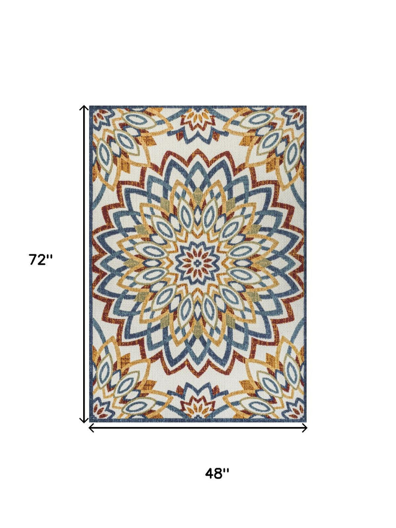 Indoor/outdoor area rug, multicolor medallion design, 48 x 72 in layout view