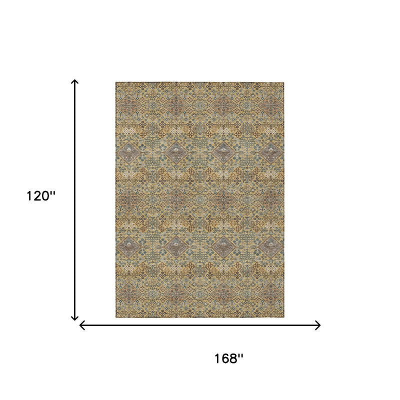 Geometric rug size 168 x 120 inches, gold and copper with blue/cream pattern