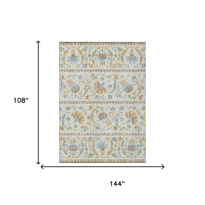 Ivory floral area rug shown with 144 in width and 108 in height measurements