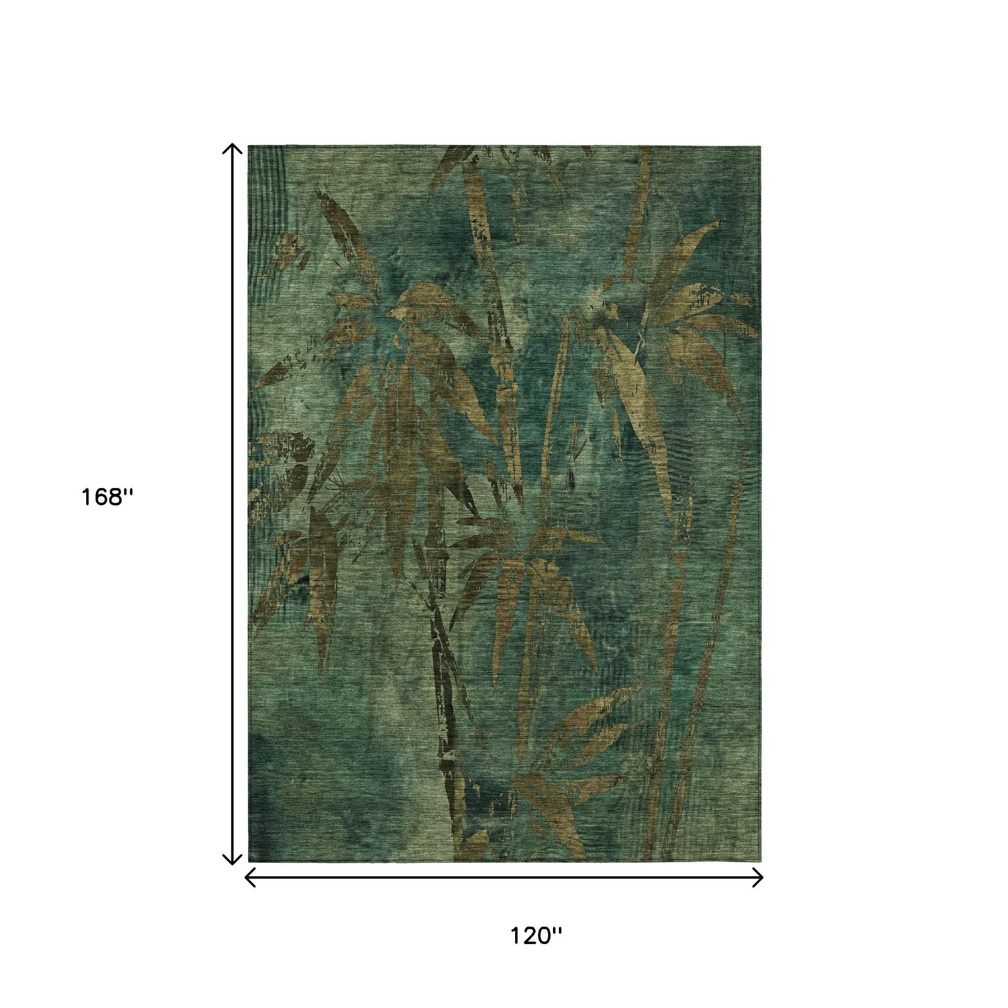 10' X 14' Green And Brown Botanical Leaves Washable Indoor Outdoor Area Rug - Sports & Outdoor
