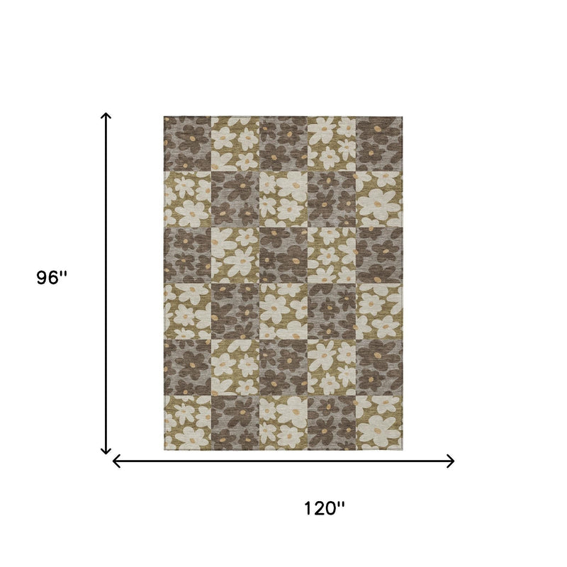Brown and cream floral patchwork area rug, 120in by 96in