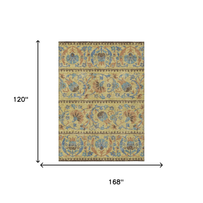 Rectangular area rug with gold, teal, and brown floral medallion border design
