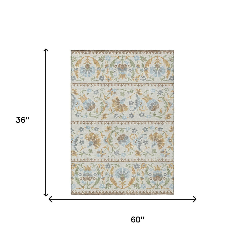Ivory floral area rug, decorative medallion stripes, size 60 x 36 in
